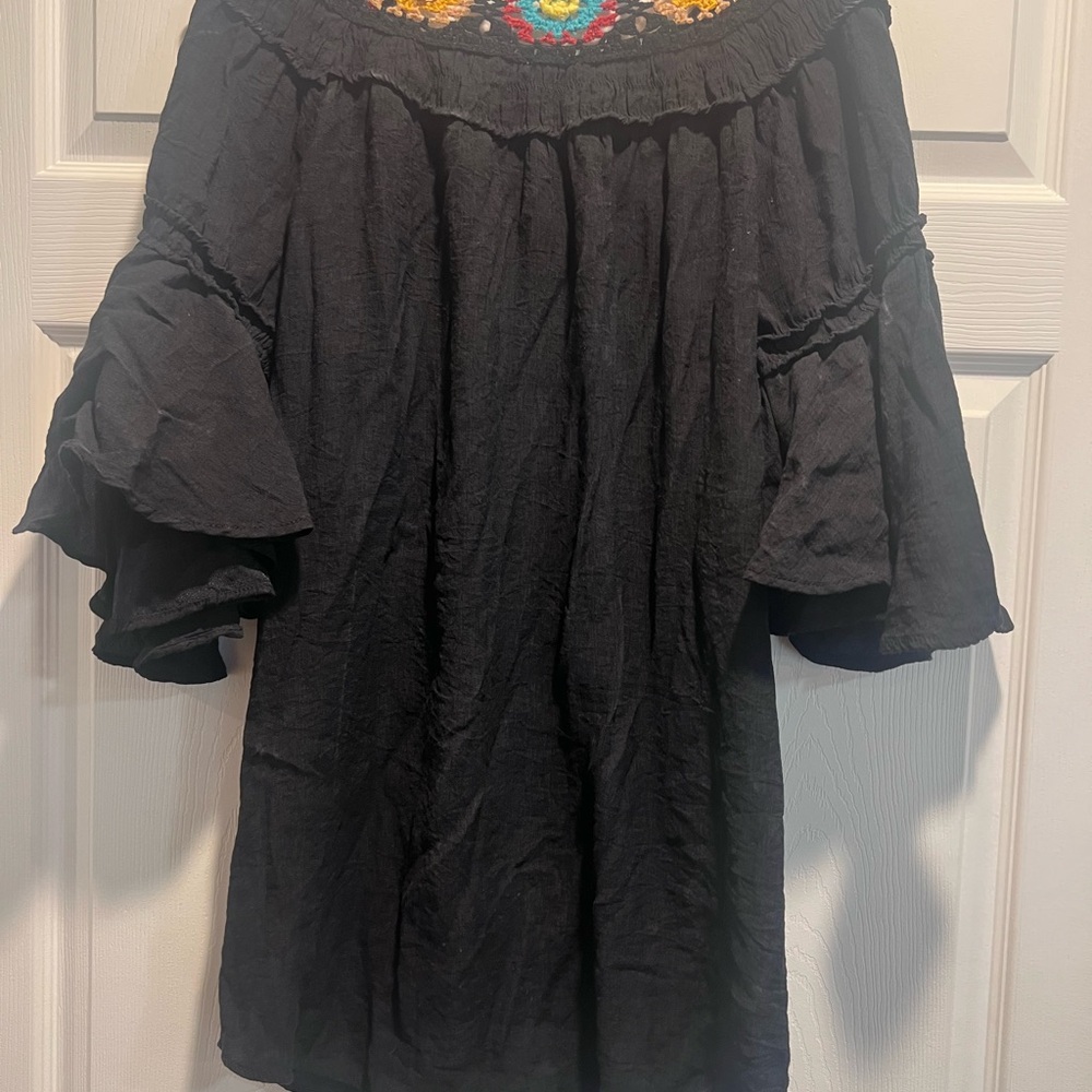 Umgee Black Blouse with Colorful Embroidery